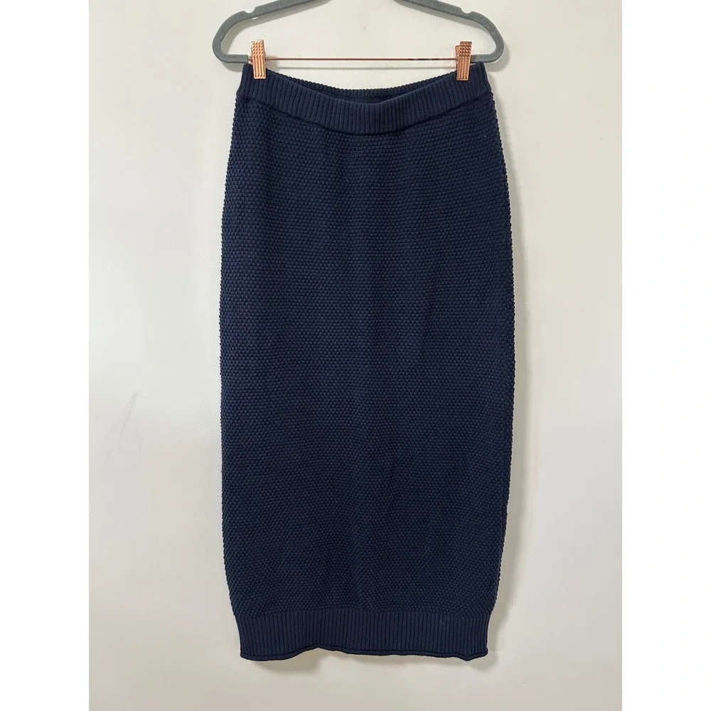 FP Beach Free People Hailee Navy Textured Popcorn Knit Cotton Midi‎ Skirt Sz M